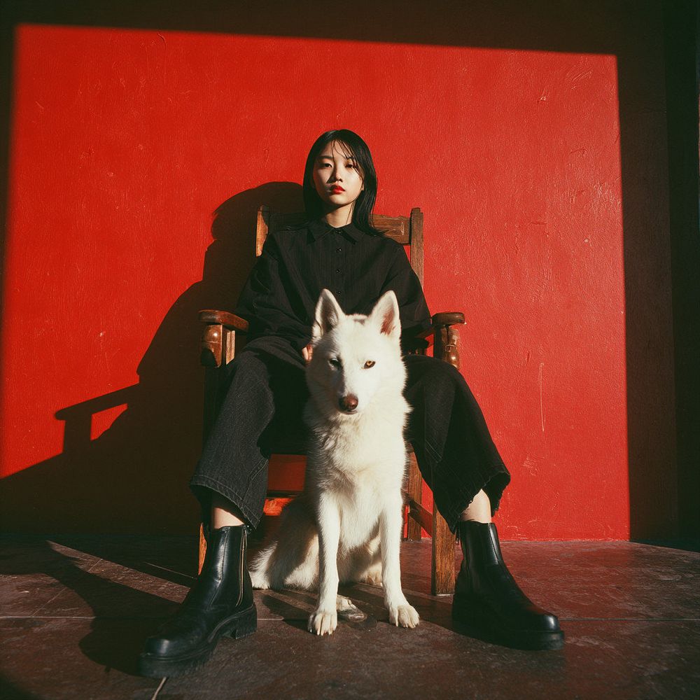 Shot from directly below, this very grainy, low-resolution image was taken with a LOMO LC-A camera using ISO 100 film. It features artistic composition, realistic depth of field, and a striking bokeh effect. A stunningly beautiful Japanese film actress sits in a chair in front of a bright red wall, legs apart. She is wearing a black dress shirt, black jeans, and black boots. A blue-eyed white dog sits upright between the actress's legs. (Prompt credit: (X) @Dd41Giant).