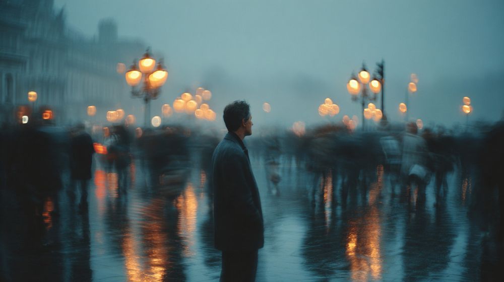Long-exposure cinematic photograph, a man standing perfectly still in the middle of a busy street at dusk, soft motion trails of blurred pedestrians rushing past, warm streetlamps glowing, subtle reflections on wet cobblestone, natural muted film colors, timeless and atmospheric camera 35mm f/1.4 cinematic lens, motion blur photography, soft golden-hour street lighting, introspective and cinematic --chaos 3 --ar 16:9 --v 7 --stylize 250 --weird 2 (Prompt credit: (X) @maamria_ai).