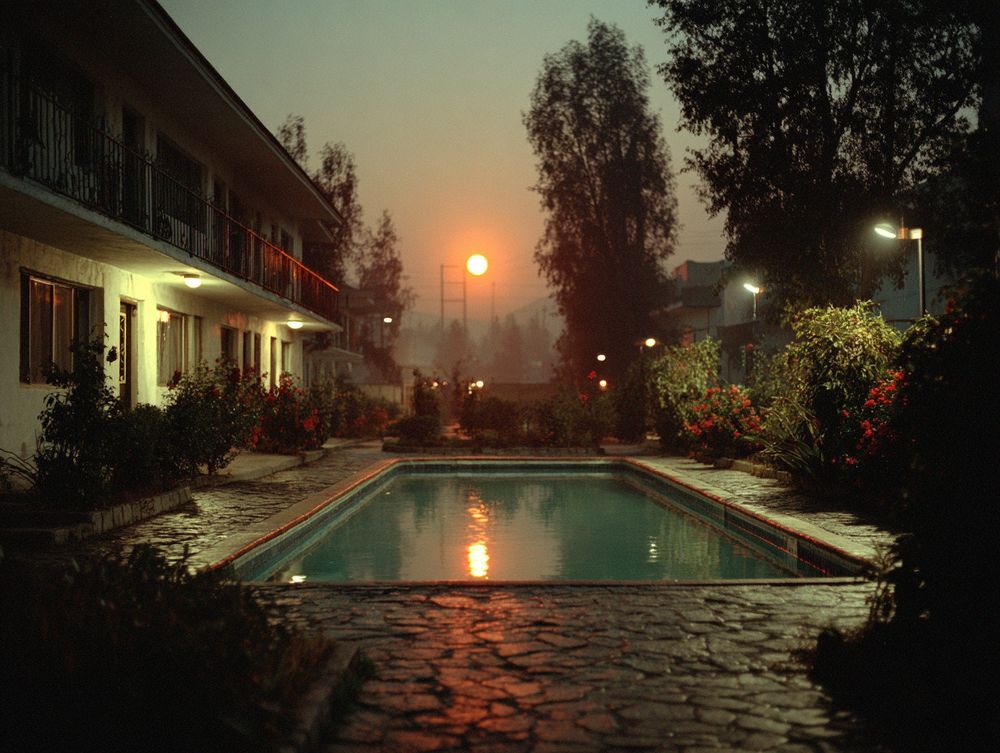 Cinematic Hasselblad shot of an eerie motel at twilight with neon sign casting warm amber glow over fog-shrouded poolside courtyard, cool blue ambiance, reflective water surface, soft fog diffusion, high contrast, subtle film grain --p it24smi --raw --sref 1759595496 --s 1000 --ar 4:3 (Prompt credit: Alfonso Rosenberg / @blackowl777).
