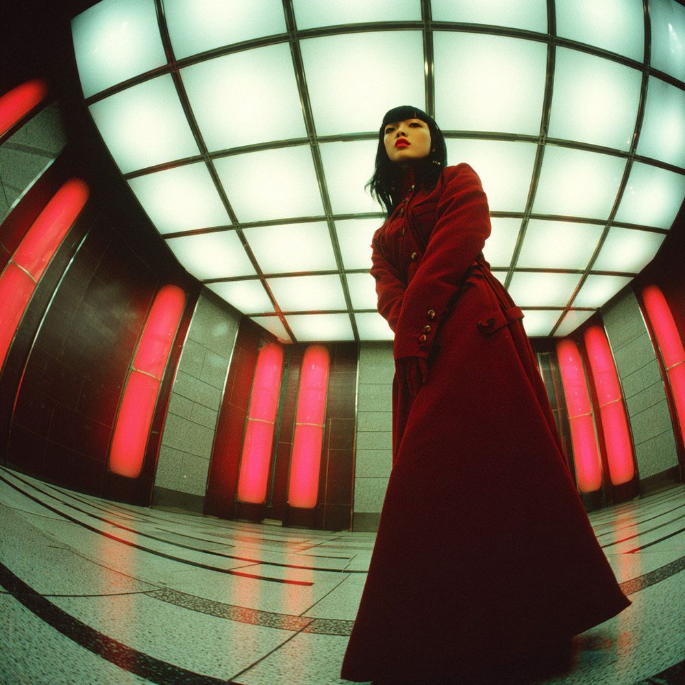 This extremely grainy photo was taken with a fisheye lens and a Lomo LC-A using ISO 100 film. Realistic depth of field. Artistic composition. Beautiful shadows. An inorganic space and a red, white, and black geometric floor. On the right side of the frame stands a stunningly beautiful Japanese film actress in a long red coat. Her beautiful black bob hair is blowing in the wind, cascading around her face. She has pale skin, large, beautiful eyes, long, beautiful eyelashes, bright red lips half-open, a sharp jawline, and a small face. She tilts her head to the side, gazing off into space. Countless giant PINK white, and black neon tubes tower around her.(Prompt credit: 栗橋勇 / (X) @Dd41Giant)