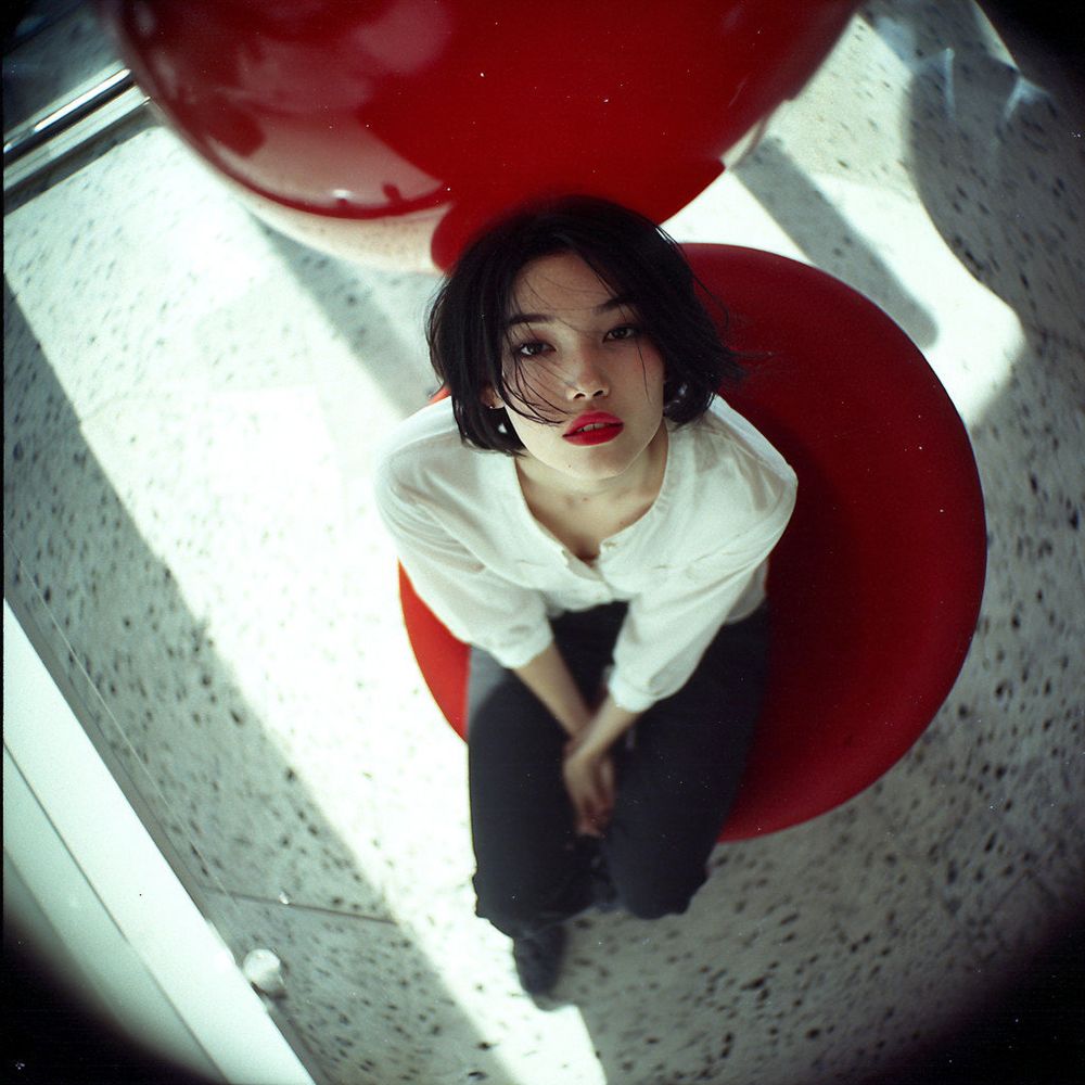 A bird's-eye view taken from a very high vantage point. This extremely grainy photograph was taken with a Lomo LC-A using ISO 100 film. Realistic depth of field. Artistic composition. Beautiful shadows. A stark white space. On the right side of the frame, a stunningly beautiful Japanese film actress, wearing a white dress shirt and black jeans, sits in a spherical red chair. She has beautiful black bob hair that blows in the wind around her face. She has pale skin. Large, beautiful eyes. Long, beautiful eyelashes. Deep red lips, half-open. A sharp jawline. A small face. She tilts her head to the side, gazing into space. Around her are countless giant nixie tube.(Prompt credit: 栗橋勇 / @Dd41Giant).