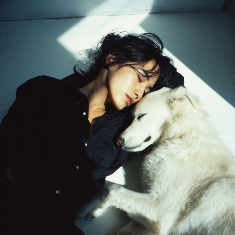 Overhead shot Extremely grainy photo taken with iso100 film on a Lomo LC-A. Realistic depth of field. Artistic composition. Beautiful shadows. Cross-process development. Overall bluish color. An inorganic white room. A very beautiful Japanese film actress in a black cutter shirt is sleeping on the white floor in the sun, holding a large white dog. A profile shot facing left. Beautiful short black hair. Messy hair over her face. Her light skin. Big beautiful eyes shining behind her hair. Half open lips. Sharply pointed jawline. A small face. She looks like a scene from a movie.(Prompt credit: (X) @Dd41Giant).