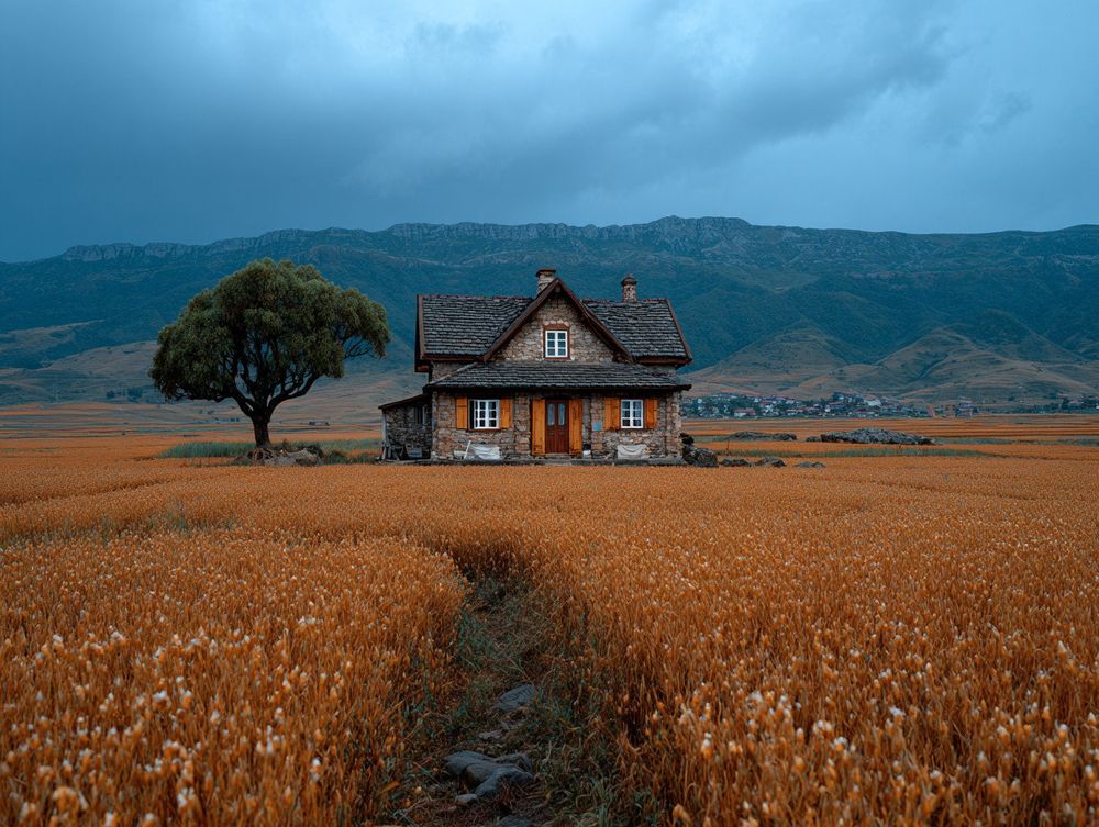 Cinematic wide-angle Leica shot of a small isolated yellow house centered in an endless golden wheat field under looming slate-gray storm clouds, symmetrical composition, soft natural light, minimalistic scenery --p it24smi --raw --sref 1188278400 2438950662 --s 1000 --ar 4:3 (Prompt credit: Alfonso Rosenberg / @blackowl777).