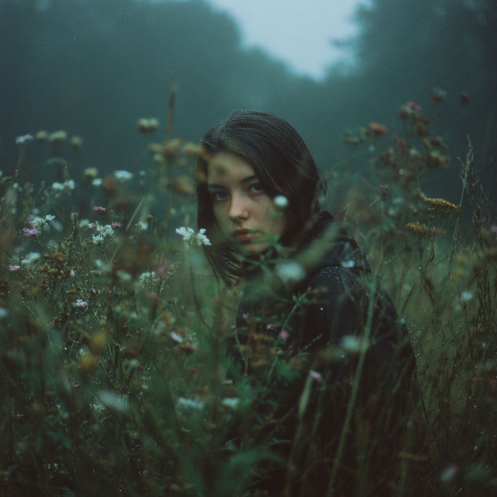 Fields at dawn, light rain. Girl standing in tall grass looking at camera.