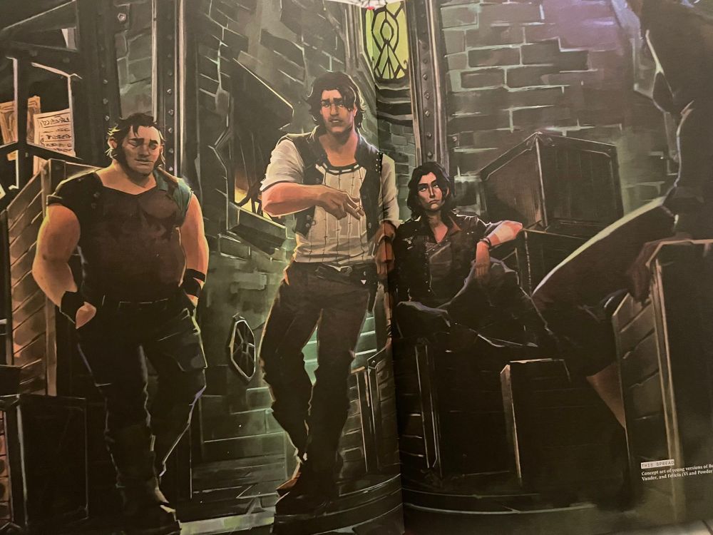 Concept art. Three men pictured in the streets of Zaun, posing for the photo. Benzo on the left, Vander center leaning on Silco's shoulder, who is sitting. They are all young men and look happy.
