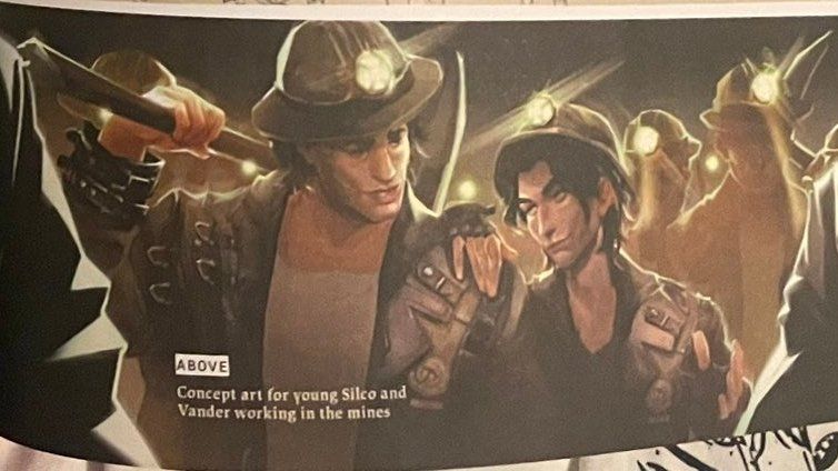 Concept art for young Silco and Vander working in the mines, dressed in helmets and carrying tools, Silco has his hand on vanders shoulder and is gazing at him kindly.