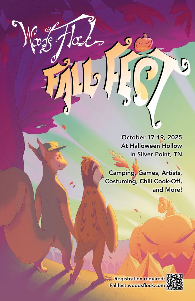 Wood’s flock fall fest poster with both of the mascots standing under a tree, staring at a campground and a giant jack-o’-lantern. With relevant information on the poster of dates and location. October 17-19 2025. Located at Halloween Hollow in Silver point Tennessee
