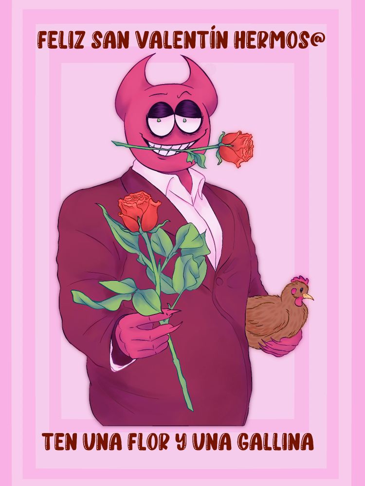 Illustration of Bob Velseb in pink tone with hot pink red suit and white shirt. He has a rose in his mouth and another in his hand, which he extends towards the viewer. In his other hand he holds a small brown chicken. The image has a pink background with several layers of frames in different shades. At the top, the text says: 'HAPPY BEAUTIFUL VALENTINE', and at the bottom, 'HAVE A FLOWER AND A HEN', in dark red letters in a fun style.