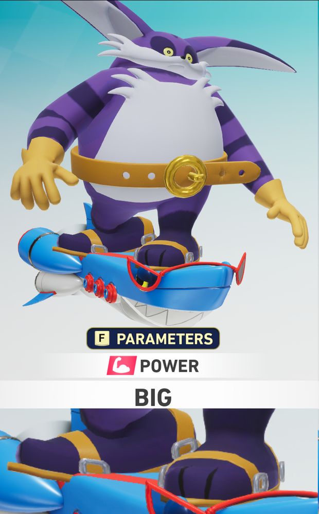 Screenshot of Big the Cat in Sonic Racing Crossworlds with a texture mod that gives him distinct toes