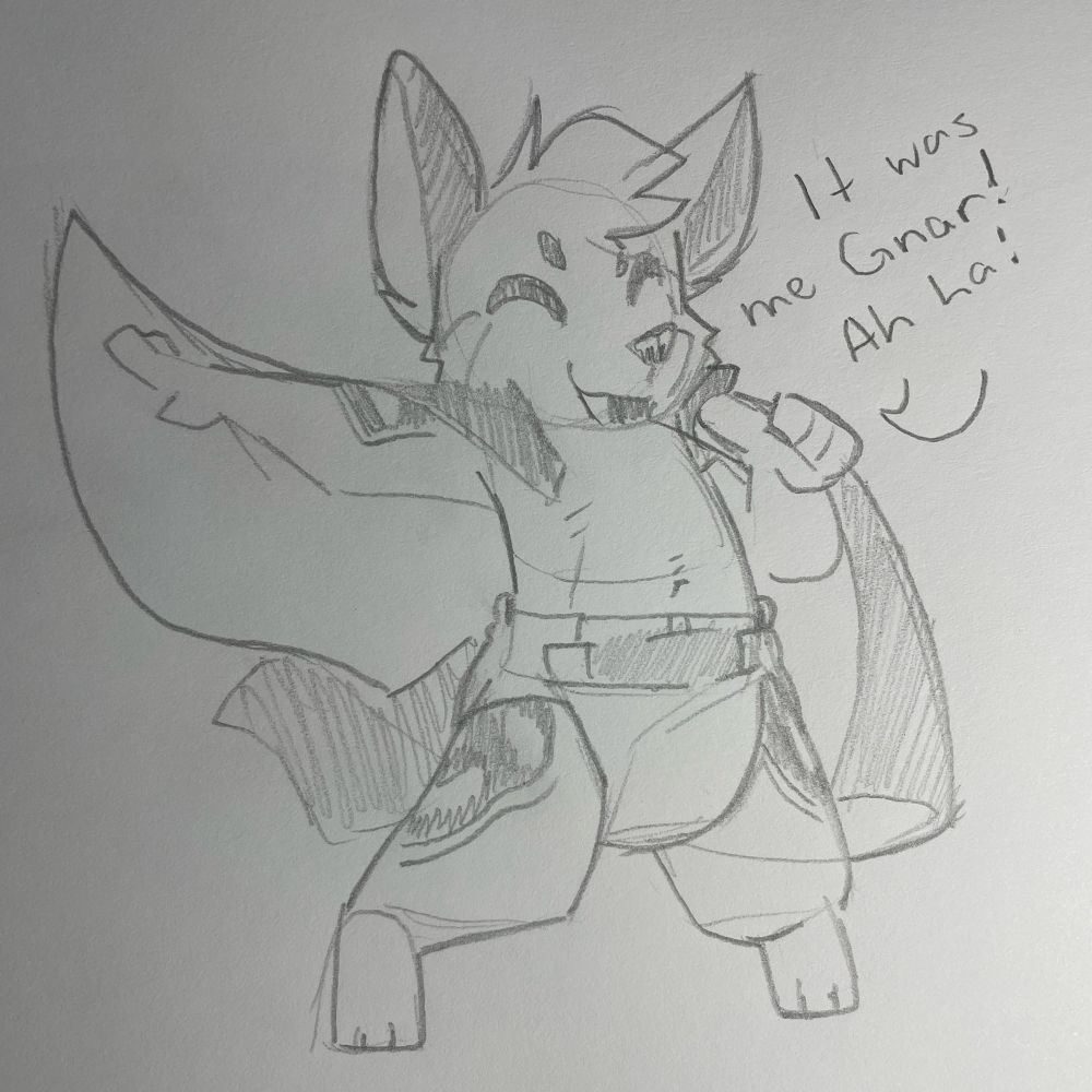 Puppy in a cape and a diaper yelling, “It was me Gnar! Ah ha!”