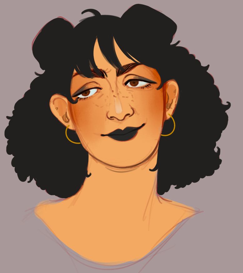 a sketch of a woman with space buns and freckles, wearing black lipstick and eyeshadow with gold hoops, head slightly cocked to the side and wearing a smile