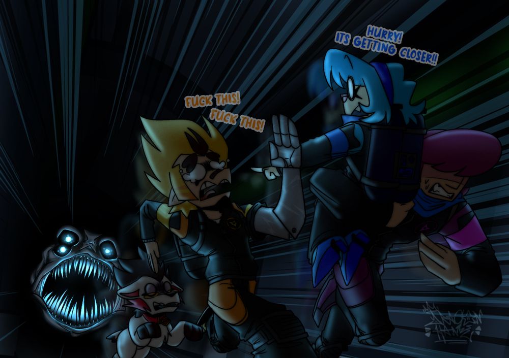 The MSA gang running from their first classified encounter! The angler. A quick beast with for different varieties that are just as deadly if not more then the basic angler with an electro magnetic pulse that turns out all lights, damages electrics and quick speeds down the halls. Best to be out of their way. 