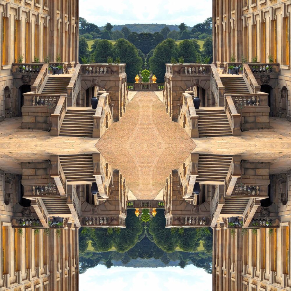Mirrored photo of the Chatsworth House entrance in Derbyshire, UK. Created an Escher- like illogical space.