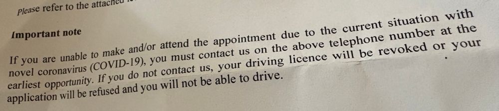 A letter from the DVLA saying if unable to attend an appointment due to the ‘novel Coronavirus (COVID-19)’’ to let them know