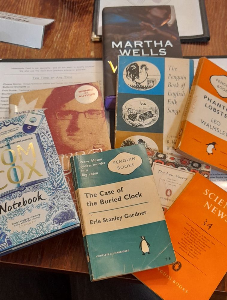 Louis Therpux signed copy, Tom Cox signed copy (to Helen, though,  I will have to change my name by deed poll), Martha Wells signed copy: and much Penguin paperback happiness.