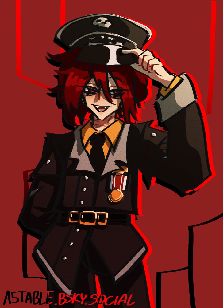 Lance from Epic Battle Fantasy holding the brim of his Officer's Cap. He is smiling.