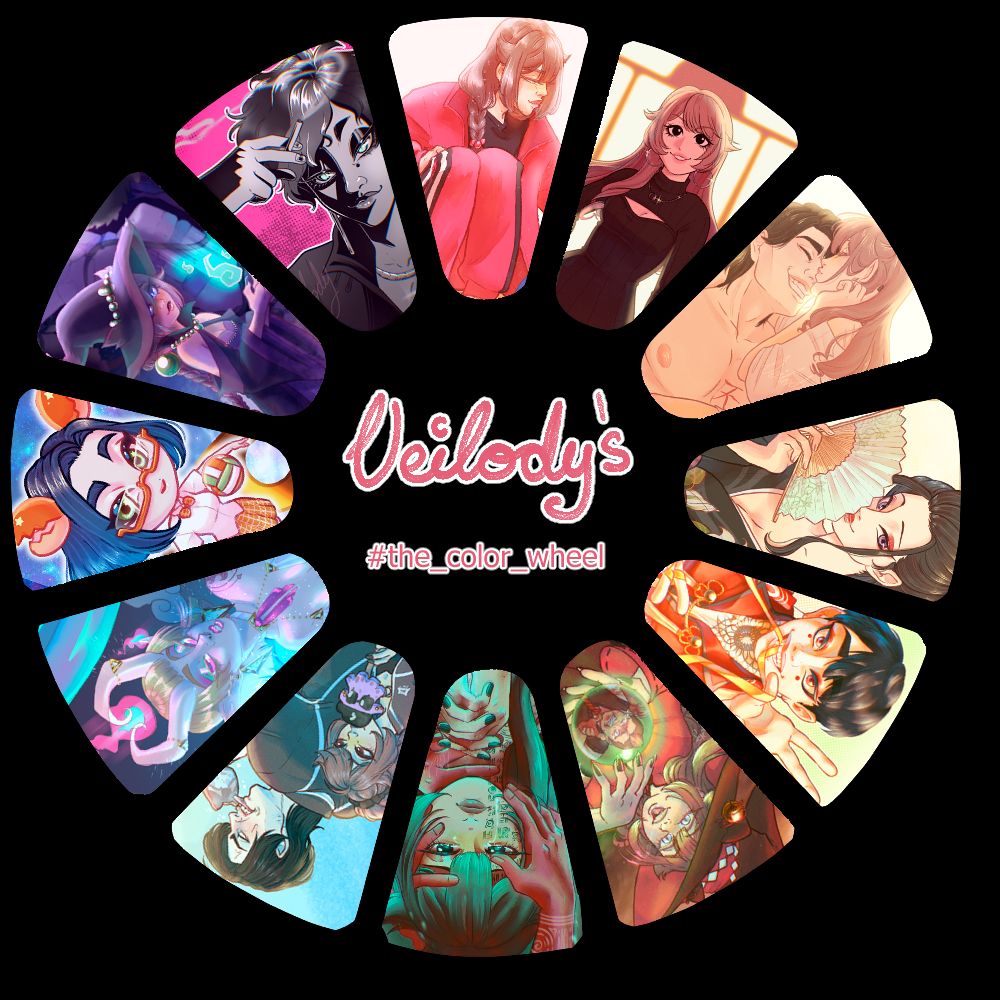 The colour wheel trend with several art pieces of mine. In the middle is my artist name hand written "Veilody"'s and typed "#the_color_wheel"