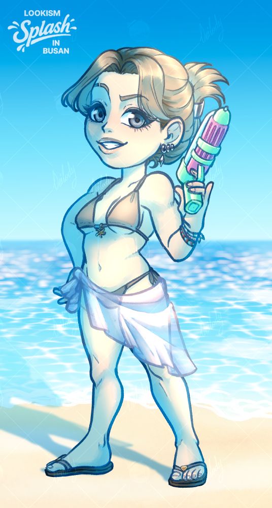Chibi of Olivia (OC by drawing__Olive) at the beach. She holds a watergun and grins confidently