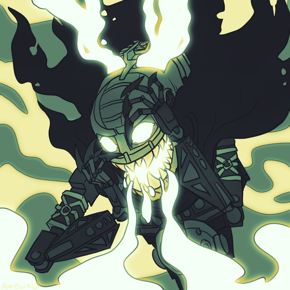 Digital art of Vezon from Bionicle. He's a scary looking robot with sharp teeth and a black cape. Life energy is pouring out of his mouth and the eyes of the Mask of Life fused to the back of his head. He's got a migraine.