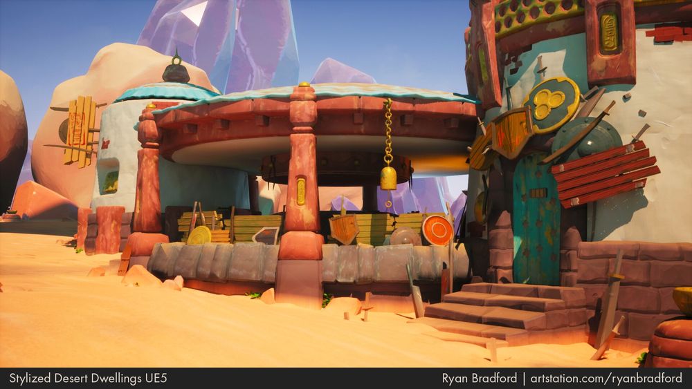 Stylized desert environment scene of several cylindrical buildings tucked away into rocks between the dunes. There are large crystals in the background horizon.