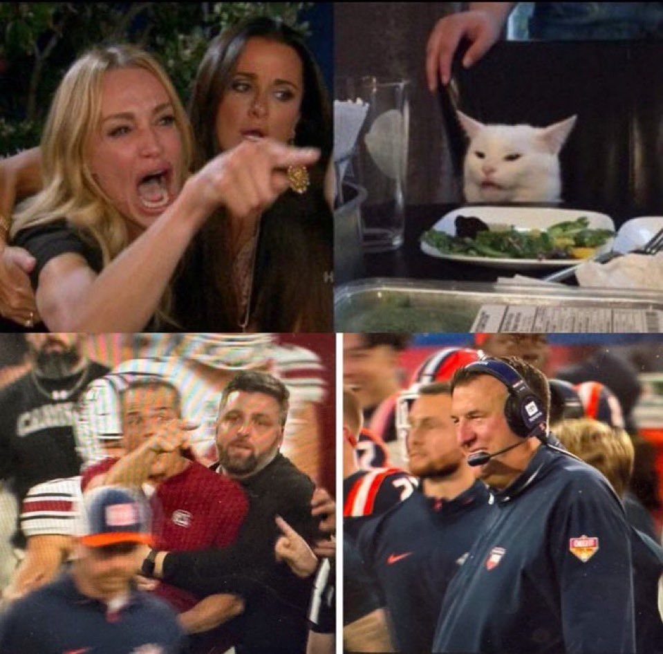 Four panel comic with a women shouting at a cat, overlayed with Shane Beemer arguing with a smirking Bret Bielema.
