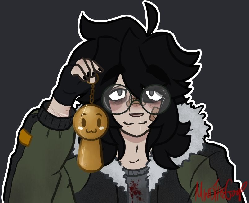 Digital drawing of Dr Kel from the indie game Voices of the Void, holding up a golden version of keljoy, the little mascot. Kel has black hair and pale, lightly freckled skin, his nails are painted black and some of his arm is visible and some scarring can be seen, he also has heavy dark circles under his eyes. Kel wears a green and grey parka with a fluffy hood over a grey top which has some dried blood splattered on it. He also wears big round cracked glasses, black fingerless gloves, and plasters over his nose and cheek. He looks happily at the viewer, holding the keljoy up proudly. 