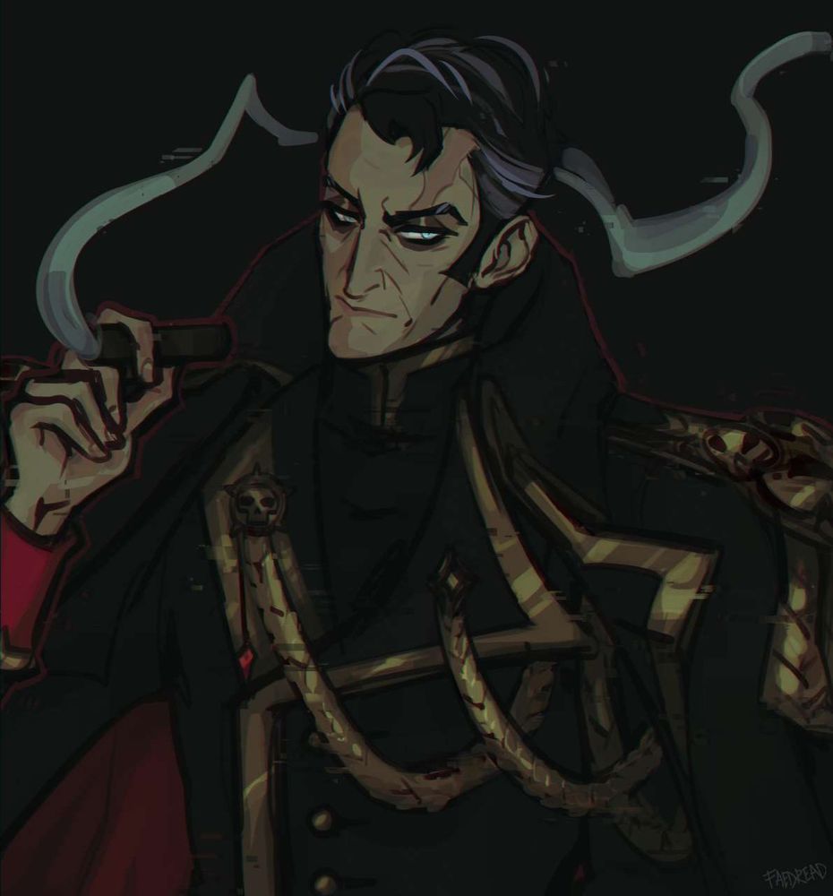 warhammer 40k wh40k rogue trader saren von aurastor fanart portrait with a big old cigar holy fuck dude this old man does awful terrible things to my mind. he belongs to deadstar and he is horrible i wish him the best
