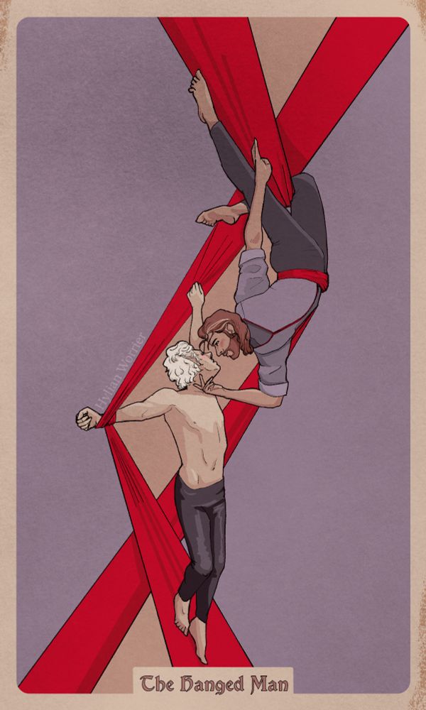 Tarot card design of The Hanged Man card. Two figures, one upside down and one upright hang from red aerialist silks. The man hanging upside down reaches for the other