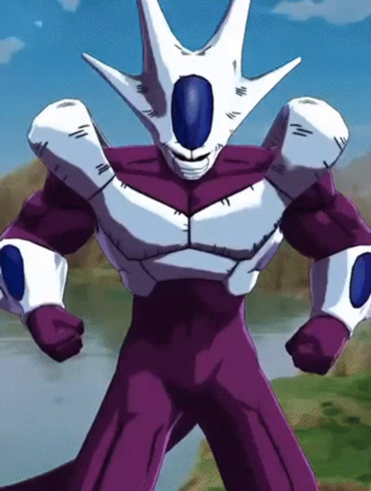 a purple and white cartoon character with a blue eye is standing in a field .