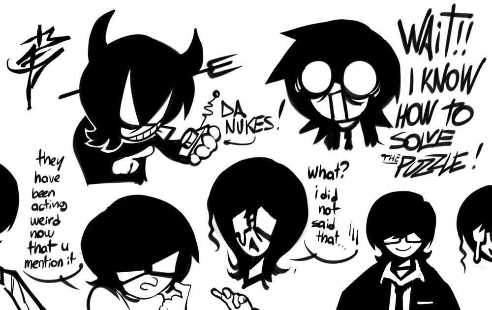 a few exaggerated expressions, I LOVE HAVING FUN!!
this is where i also came up with the idea of her glases working like eyes and making them bend and change shapes depending of the mood, kinda inspired by james lee. So yeah most of the time the glasses are normal and when it comes to showing emotion it gets cartoony