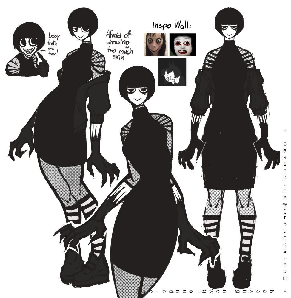 umm yeah, i havent name her yet but i could add some stuff here that i didnt drew. Whole thing would be people find her weird but she is indeed a really nice girl. she has two rows of teeths, her baby teeth never falled so her adult teeth just grew behind them, she is really tall and lenghty as you can see and she also has two long tendrils for a tongue. that would be all i think!! lots of bob cuts from me lately but whatever LET ME BE!! lmk if you wanna see more of her or something