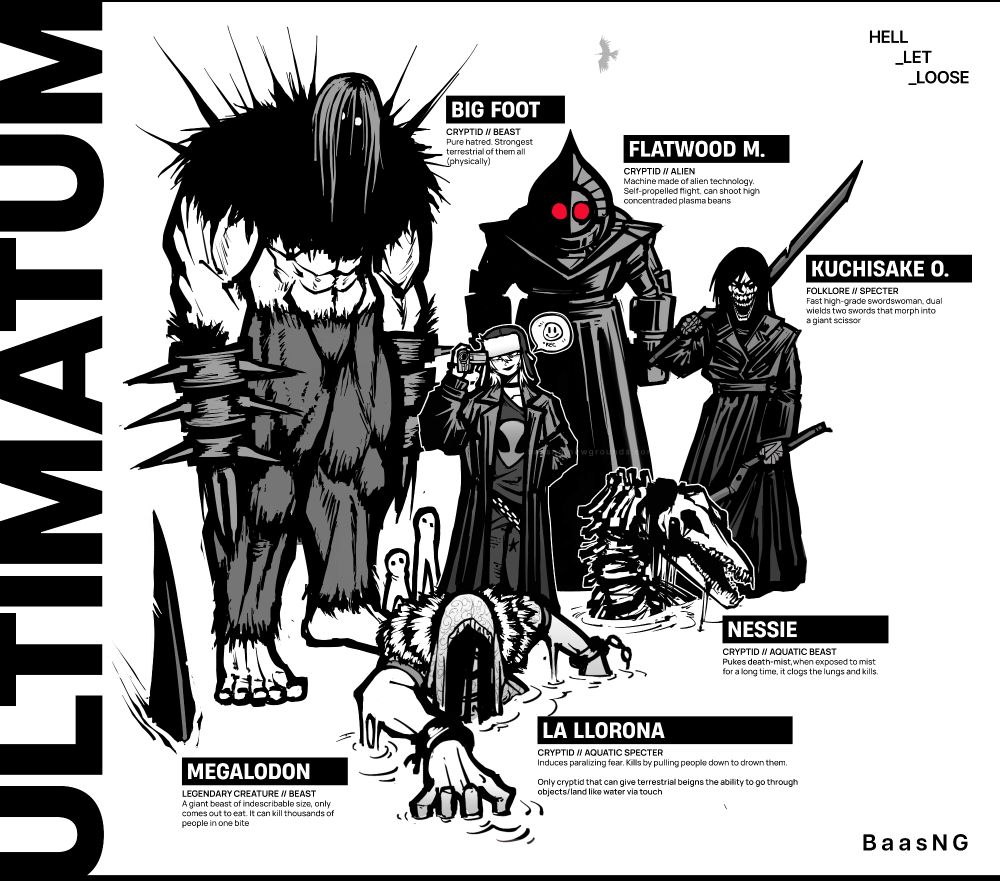 CRYPTIDS- Freya featuring SOME of the cryptids they can summon alongside a small description of each and powers, there is a LOT of cryptids out there and i just wanted to showcase a few i already had a in my mind, i have/had to limit what cryptids to use otherwise im going to be drawing this for decades. This same reason is to way it took  me so long to finish this