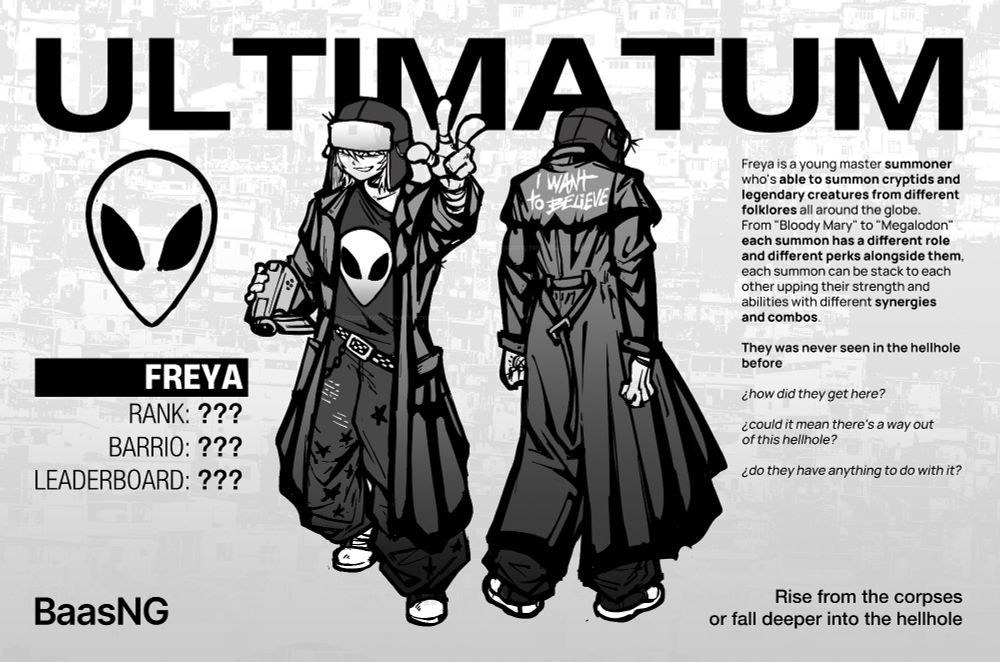 CHARACTER INTRODUCTION - featuring a front and back view of the character and some text talking about them, this is one of the draings i had for quite a while when i first thought of the character, i made some adjusments here and there since then