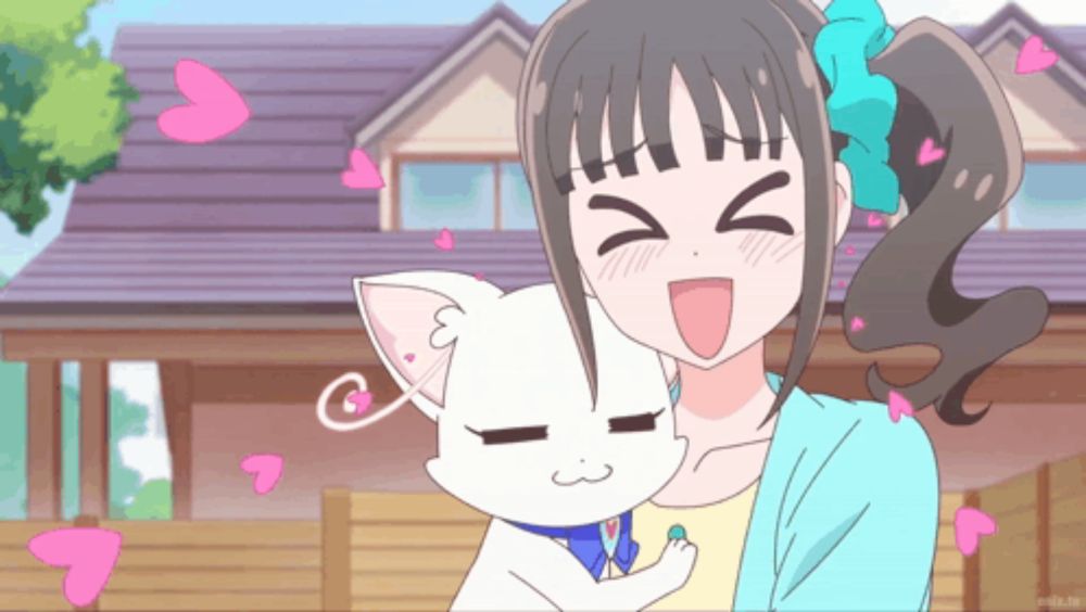 a girl holding a white cat with hearts flying around her