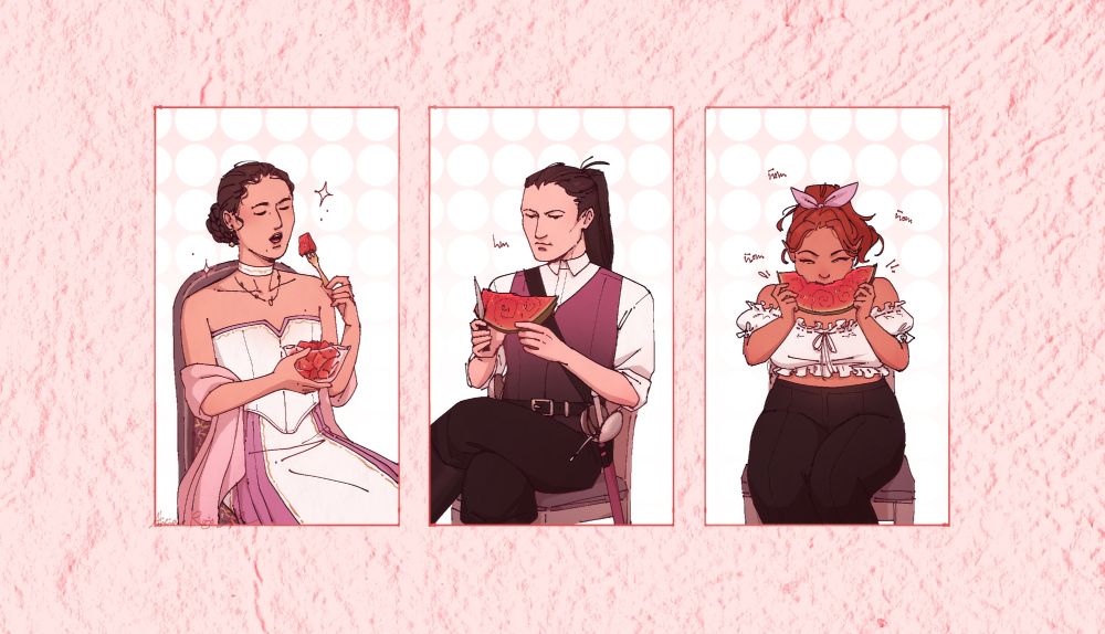 Digital illustration of three of my original characters eating watermelon, each one doing so in a different way. The background is pastil pink with some texture.

- Esmeralda, a young woman with dark curly hair up in a low braided bun, is eating watermelon cubes from a glass bowl with a small golden fork. She's wearing a white and purple dress with small golden details thoughout it.

- Jaspe, a young man with long black hair, armed with a saber and a dagger, is cutting his watermelon slice with a knife and eating it piece by piece.

- Harmonia, a young half-elf with long ginger hair tied in a ponytail with a bow, is eating her watermelon slice directly though the middle with small bites like a rabbit