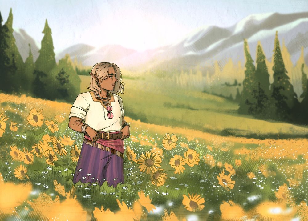 Illustration of ‪@clairecomics.bsky.social‬ 's DnD character, Elliot Graves, on a natural sunflower field. 

He's a young man with tan skin and light blond hair. He's wearing a white shirt with wide purple pants and a magenta scarf and brown belt around his hips. He also has his pink sunglasses hanging on his shirt's golden collar. He's looking off into the distance with a relaxed demeanor.