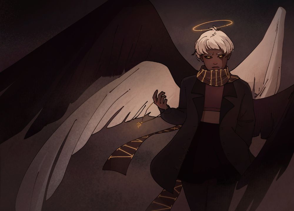 Illustration of ‪@phoenixmasked.bsky.social‬ 's character, Carmine. 

She's a fallen angel with short white hair, brown skin and glowy golden eyes with a black sclera. She has four big wings, two of them white and the other two black. She's holding a golden necklace with a charm of Virgo's symbol and she's wearing a mostly black outfit. 

Overall, the illustration is dark and moody and there's smoke and dust in the air.