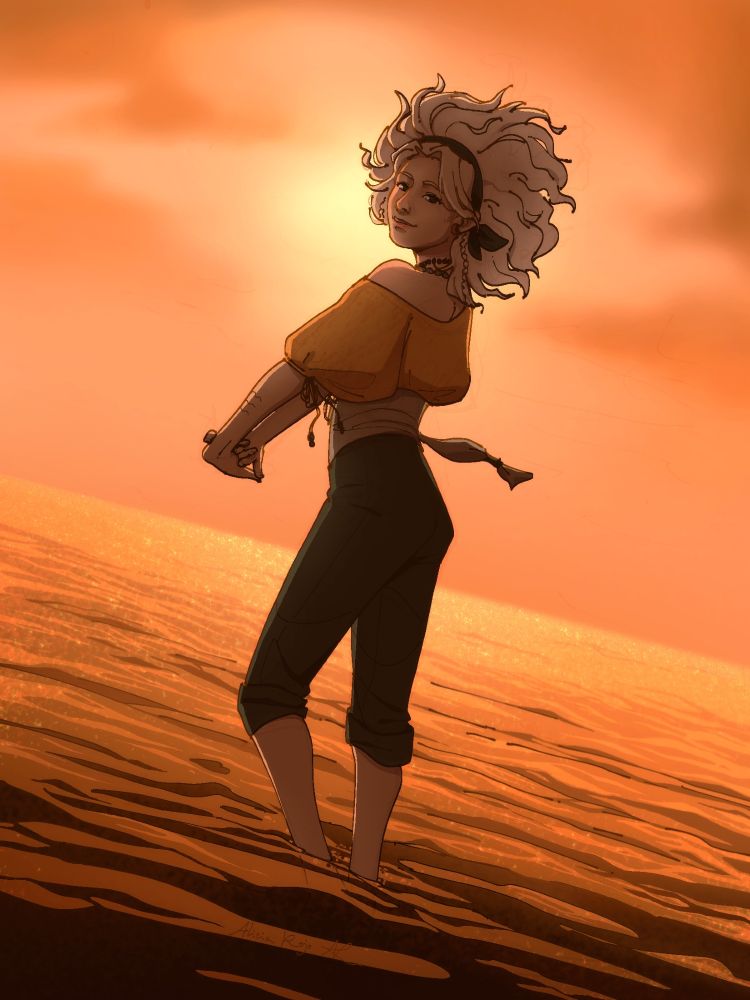 Digital illustration of @reytatouille's DnD character Meltem. 

She's a young woman with white wavy hair which is constantly flowing in the wind. She's standing in shallow water in the seashore with a relaxed pose and facial expression. She's smiling slightly while stretching her arms and looking above the shoulder towards the viewer. 

The only source of lightning is the setting sun, which makes the whole scene warm colored, giving a nostalgic vibe to the drawing.
