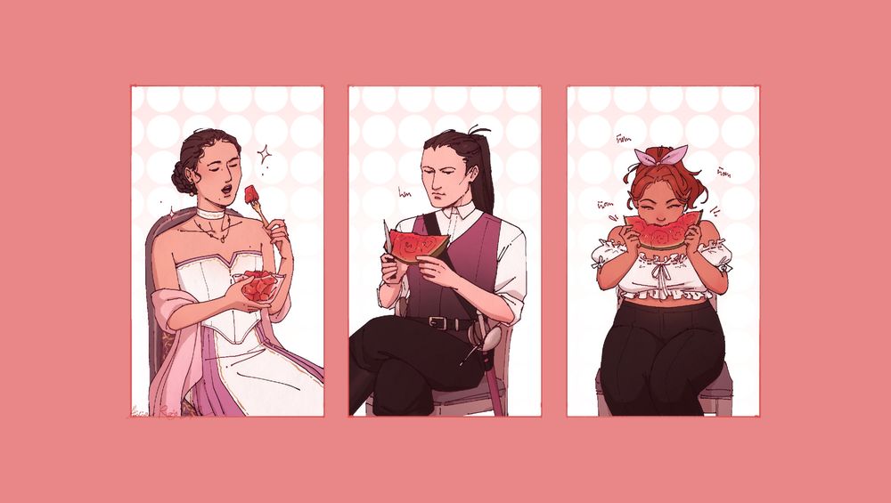 Digital illustration of three of my original characters eating watermelon, each one doing so in a different way. The background is coral pink.

- Esmeralda, a young woman with dark curly hair up in a low braided bun, is eating watermelon cubes from a glass bowl with a small golden fork. She's wearing a white and purple dress with small golden details thoughout it.

- Jaspe, a young man with long black hair, armed with a saber and a dagger, is cutting his watermelon slice with a knife and eating it piece by piece.

- Harmonia, a young half-elf with long ginger hair tied in a ponytail with a bow, is eating her watermelon slice directly though the middle with small bites like a rabbit