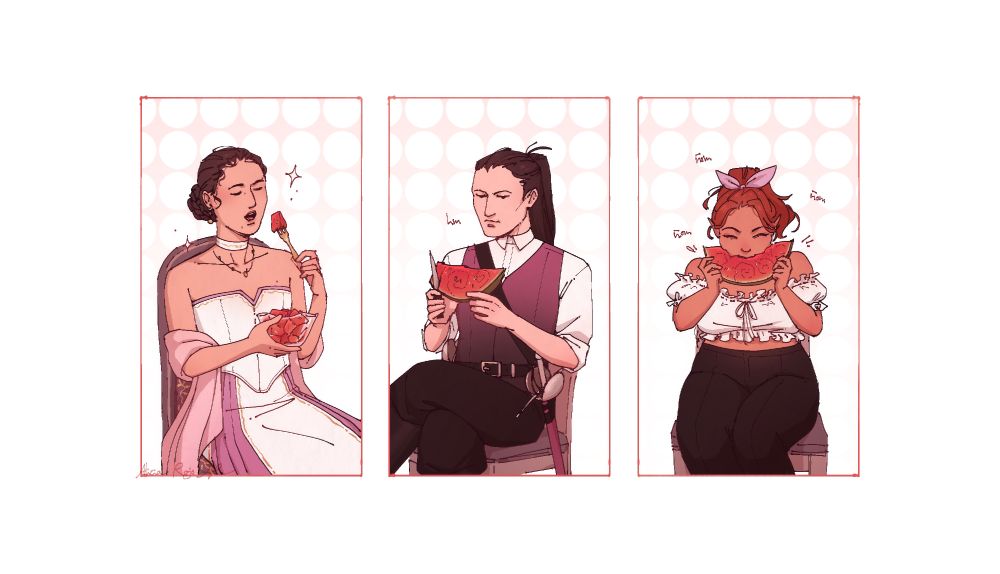 Digital illustration of three of my original characters eating watermelon, each one doing so in a different way. The background is completely white.

- Esmeralda, a young woman with dark curly hair up in a low braided bun, is eating watermelon cubes from a glass bowl with a small golden fork. She's wearing a white and purple dress with small golden details thoughout it.

- Jaspe, a young man with long black hair, armed with a saber and a dagger, is cutting his watermelon slice with a knife and eating it piece by piece.

- Harmonia, a young half-elf with long ginger hair tied in a ponytail with a bow, is eating her watermelon slice directly though the middle with small bites like a rabbit