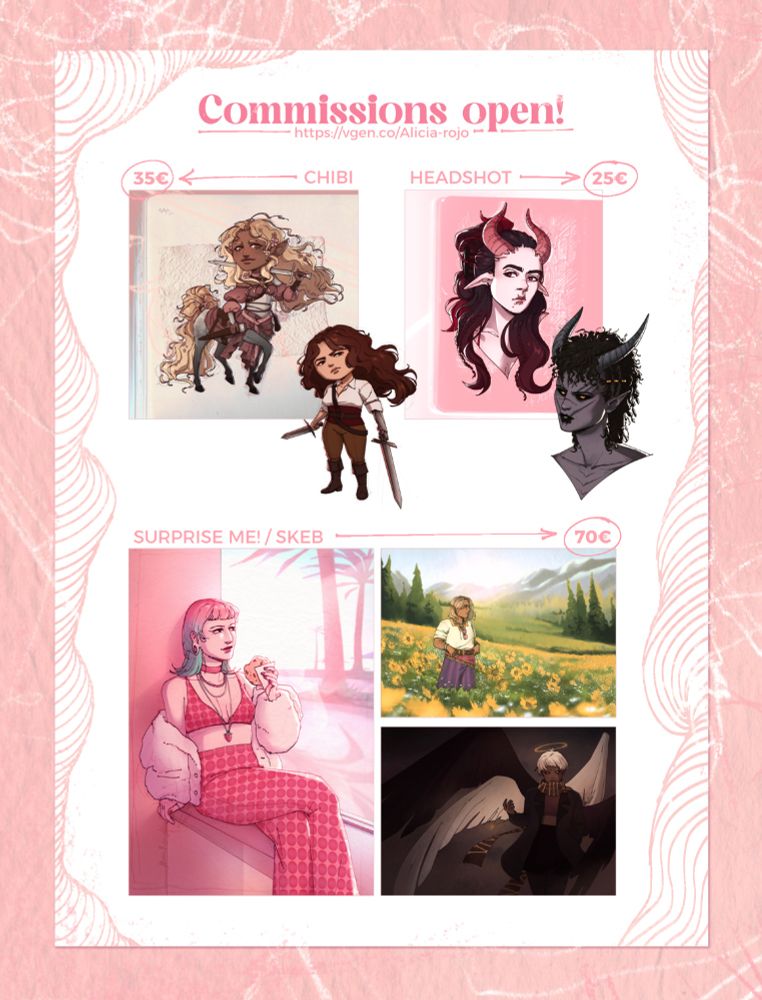 Commission opening announcement and basic price list. Chibis for 35€, headshot for 25€ and Surprise me!/Skeb for 70€. The image has a mostly light pink, white, brown and green color palette and it shows some examples of each commission type.
