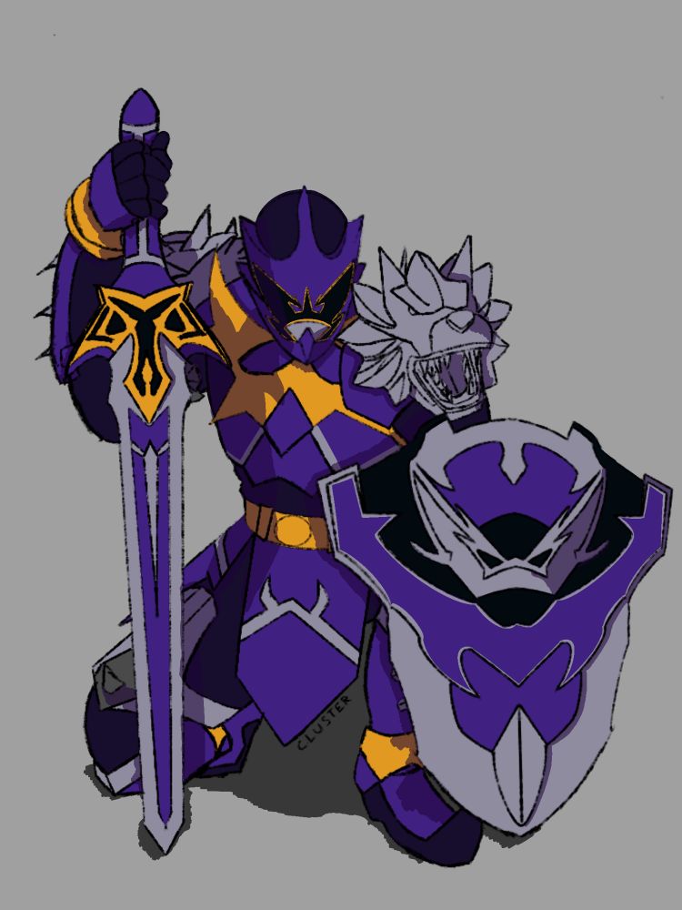 A piece of artwork of the character "Wolzard" from Magiranger, kneeling down as he grips onto his sword and shield. Colored in different shades of purple, grey, and yellow.