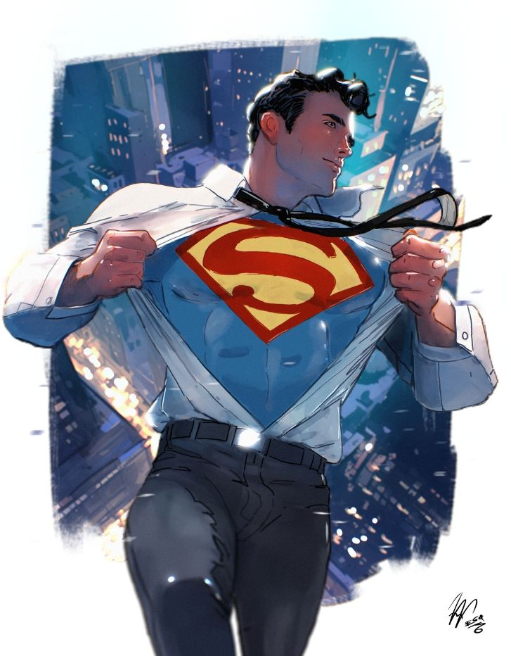 An illustration of superman revealing their costume underneath their clothes