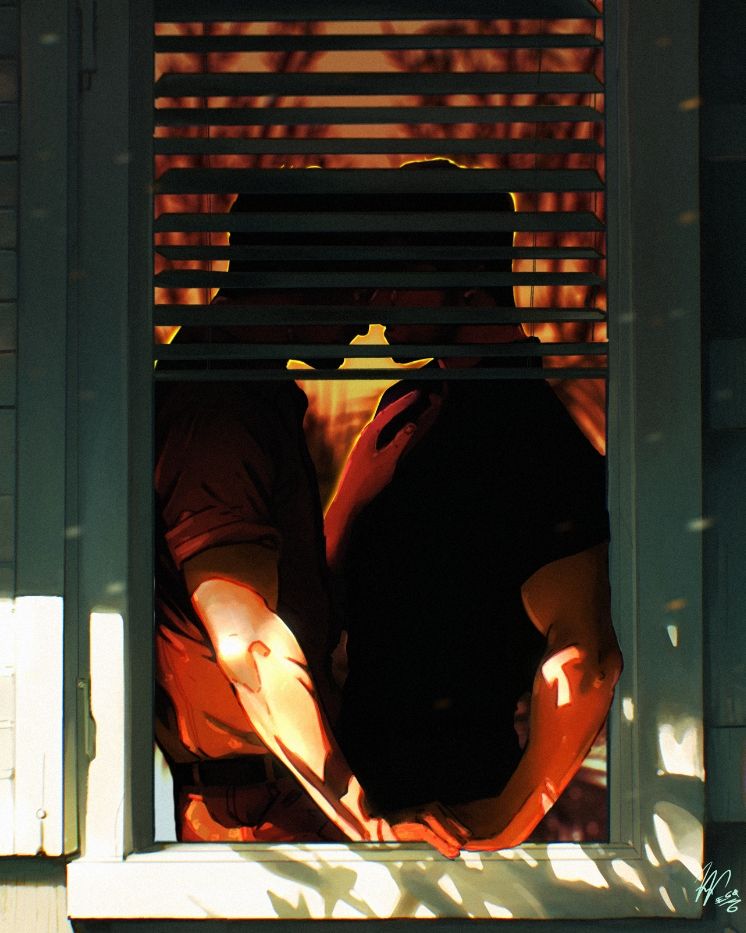 Two people kissing under the blinds of a window