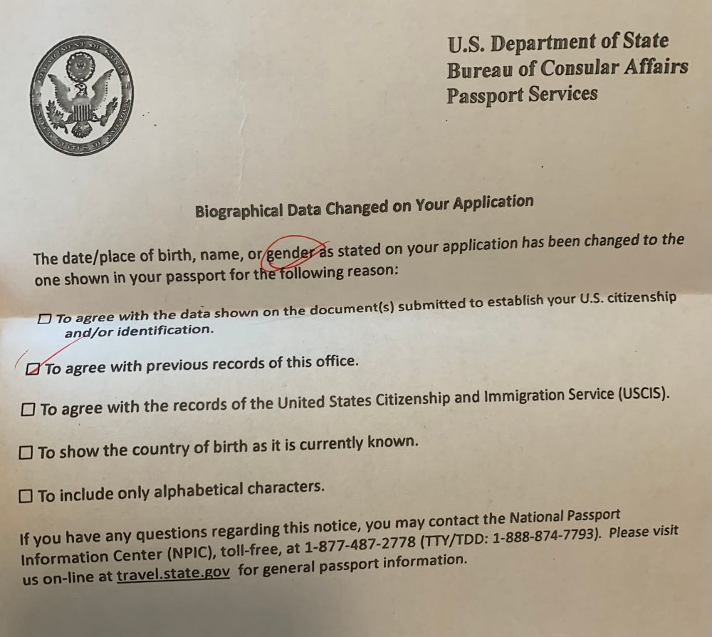 A response form titled “Biographical Data Changed on Your Application” with the option “To agree with previous records of this office”