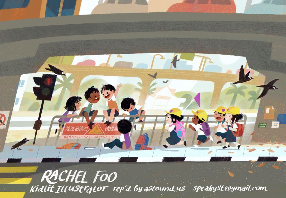 Illustration of a bunch of kids playing and hanging out underneath a busy overpass. The children on the right wearing Malaysian primary school uniforms which are standard throughout the nation. The ones on the left are in their school sports clothes. Most Malaysian children are bilingual, and our traffic signs are in several languages.