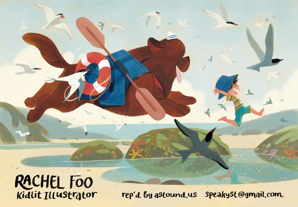 Illustration of a boy and his dog, chasing seagulls by the beach. The dog is taking his babysitter duties very seriously. There are shorebirds in the background and foreground. Made digitally in Procreate.