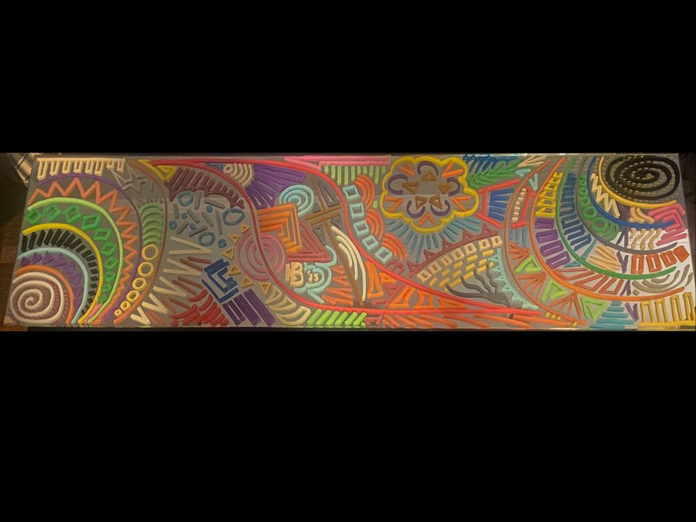 Colorful doodle with spirals in the corners.