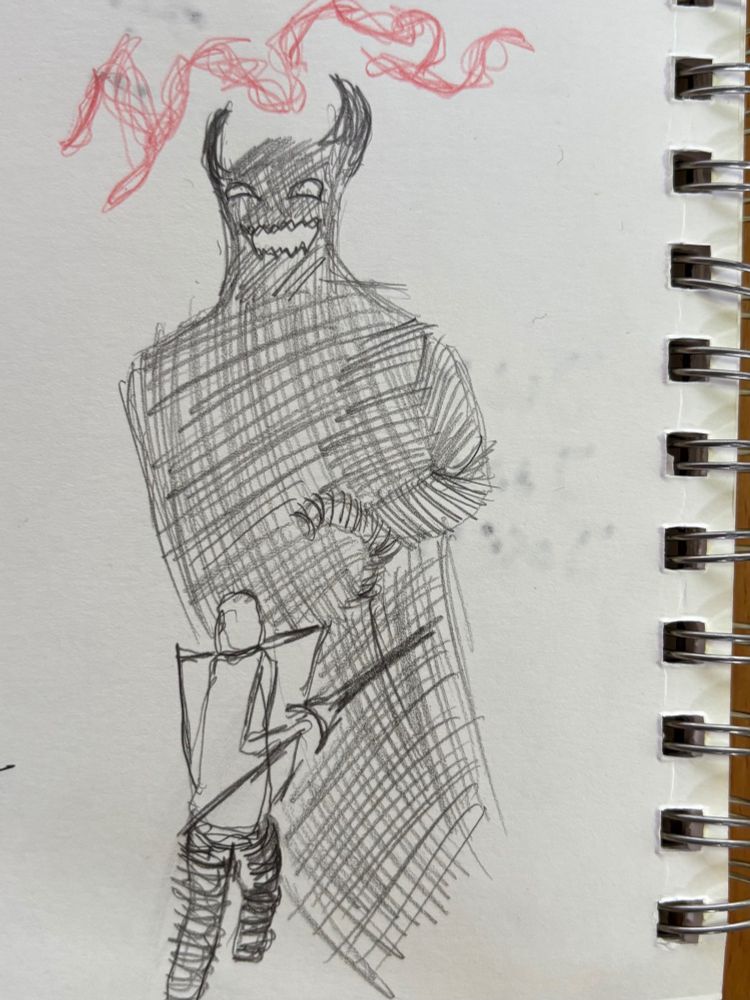 A loose drawing of a shadow demon threatening a knight, who holds a sword or spear and shield. Red lines, like text or magic effects, ring the monster’s head. The original shirt  had a hand drawn pencil vibe