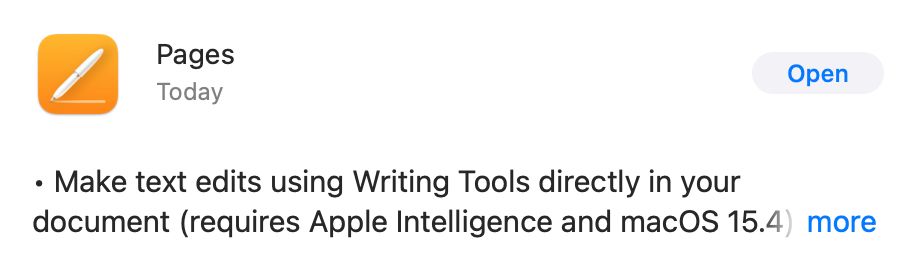 Pages "Make text edits using Writing Tools directly in your document (requires Apple Intelligence and macOS 15.4) more